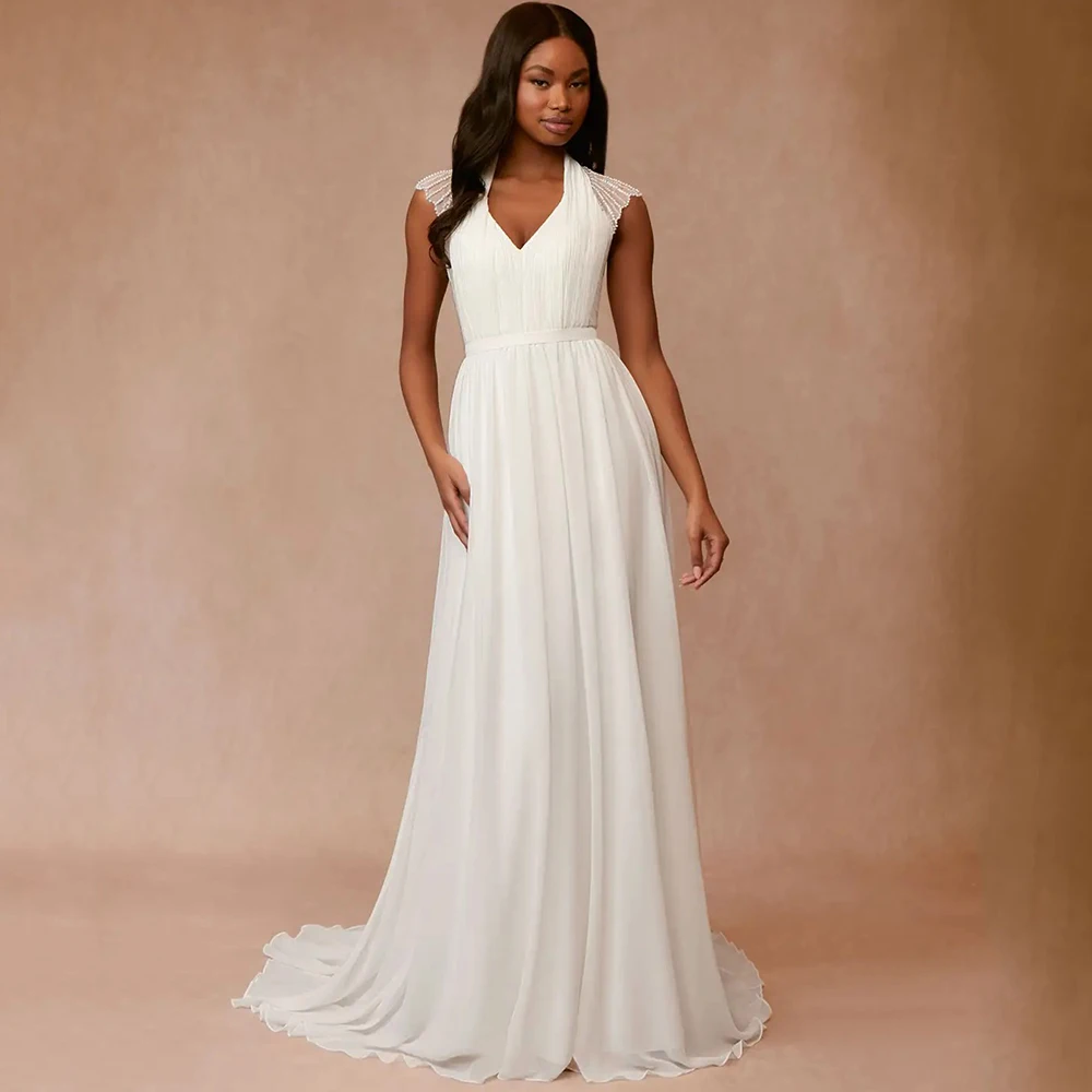 Charming Cap Sleeve Wedding Dress Chiffon V-Neck A-Line Floor Length with Belt and Beaded Bridal Beach Seaside Marriage Gowns