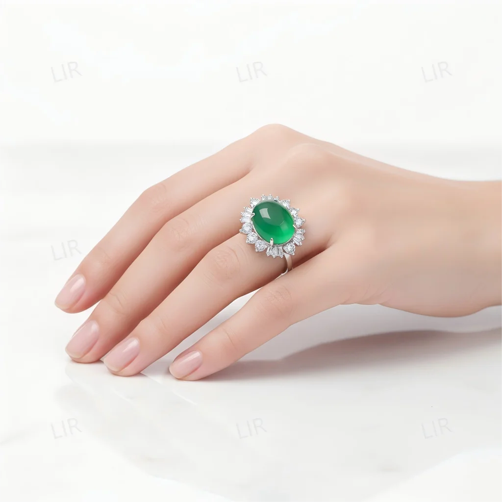 خاتم LIR المفتوح للسيدات: العقيق الأخضر الطبيعي الكبير "الكوكب اللامع" |   تتضمن شهادة اليشم