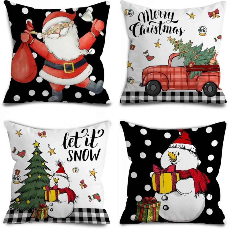 Christmas Pillow Cover 18x18 inches, set of 4 cottages, winter holiday throw belt black and white polka dot pillowcase