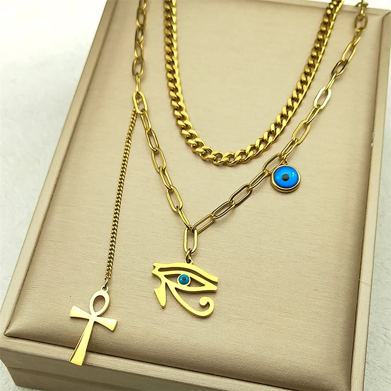

Evil Eye Anka Cross Pendant Necklace For Women Men Stainless Steel Gold Color Faith Lucky New Fashion Female Chain Jewelry Gifts