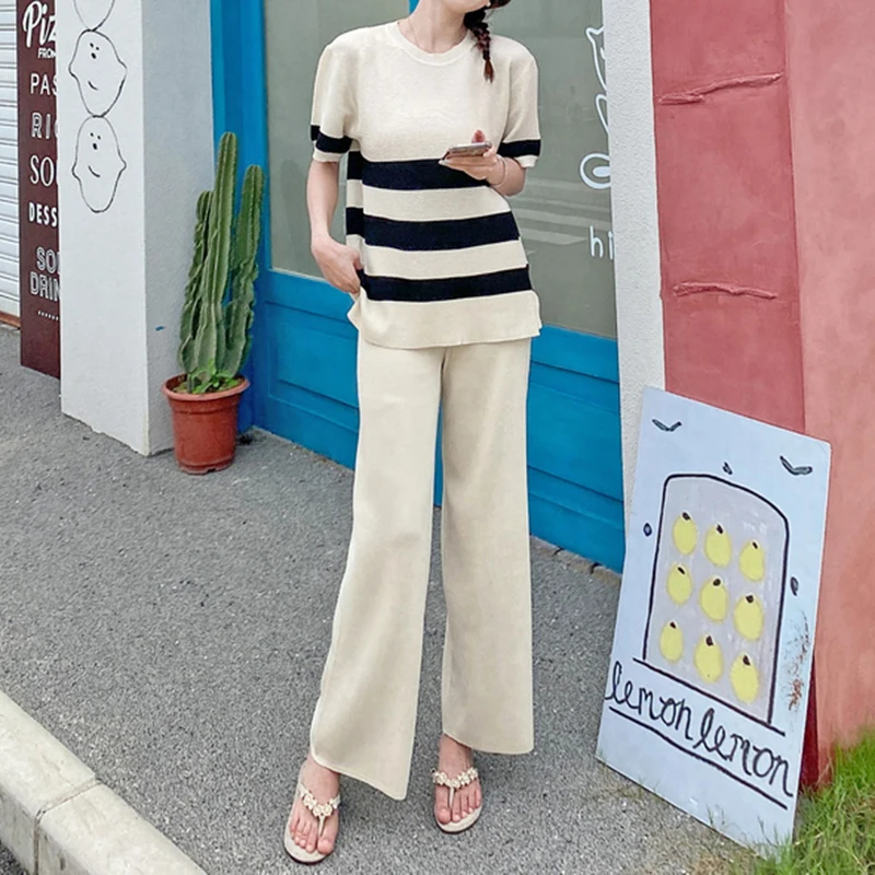 Striped O-neck Short Sleeve Split Top Loose Knit Suit Two-piece Sets Wide Leg Long Pants Summer Women Clothing Casual Vintage Ne