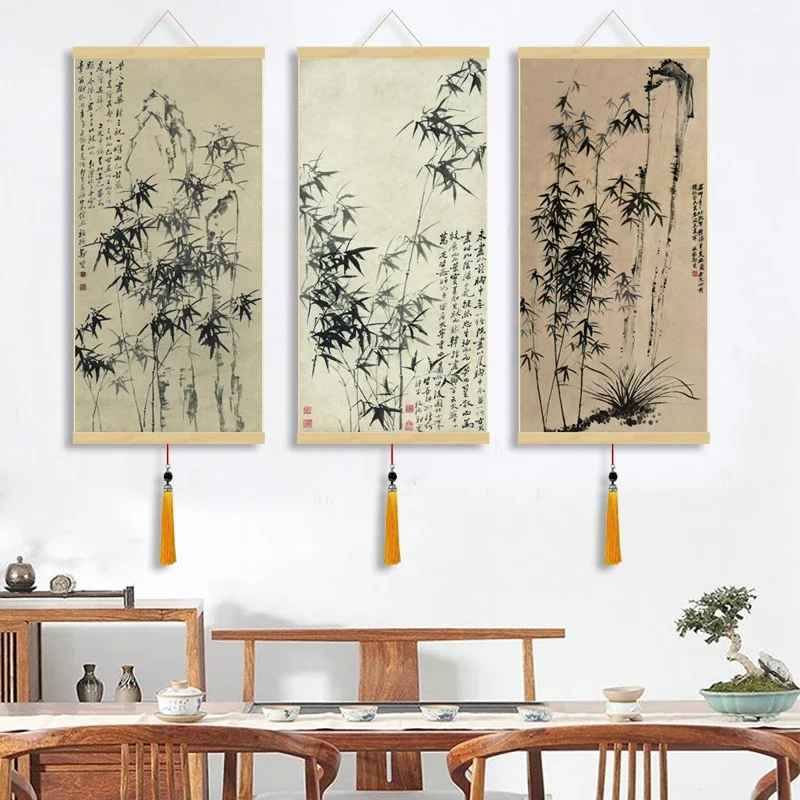 Ink and Wash Landscape Bamboo Calligraphy and Painting Feng Shui Silk Gift Tea House Living Room Chinese Style Hanging Painting