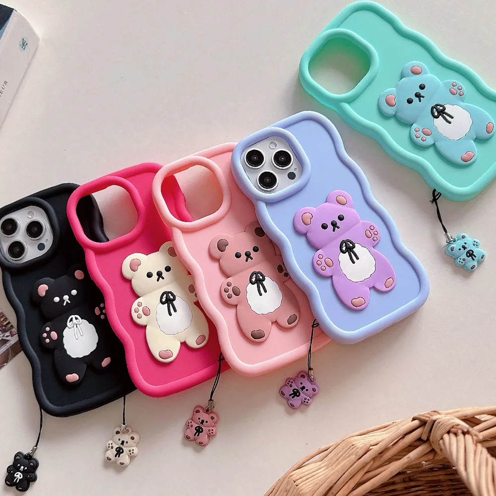 X8A X7A Cute Macaron Dopamine Cartoon Bear With Pendant Case For Honor X8 X9A 5G Nova Y70 Y90 4G Slim Curly Bumper Coque Capa