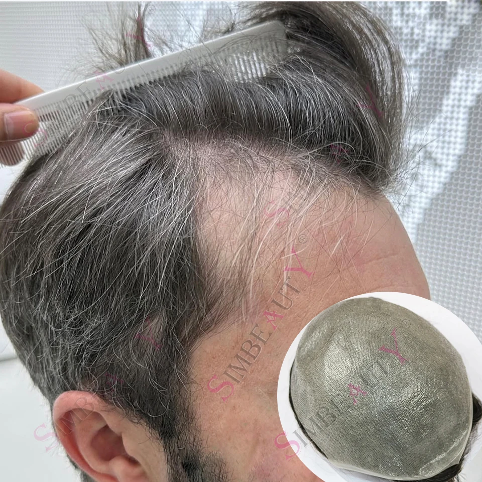 

Легкая плотность 80% необнаружимая супер тонкая кожа 0,02 мм 320 # # 1B50 # 610, серый, коричневый, старик, парик из человеческих волос, мужские капиллярные протезы