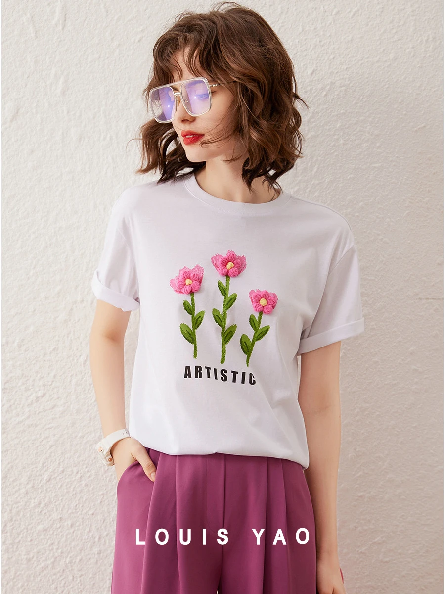 

LOUIS YAO Women T-shirt 3D Flower Print Casual Tee 2024 Summer O Neck Short Sleeve Loose Fit Basic Pullover Top