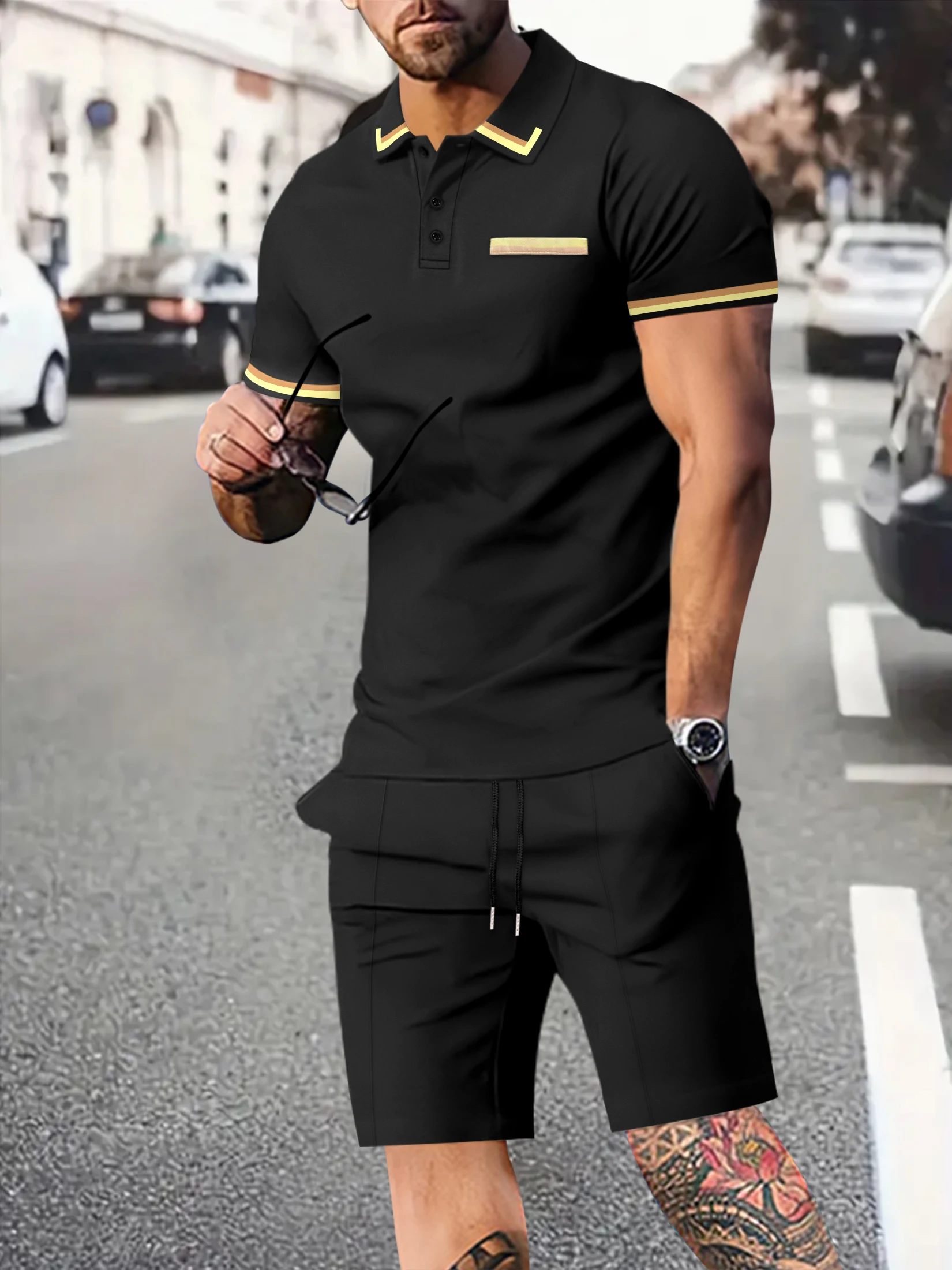 Summer Men's Short Sleeve Suit Fashion Solid Color Casual Shorts Sportswear Short Sleeve Two-piece Sets Men's Suit