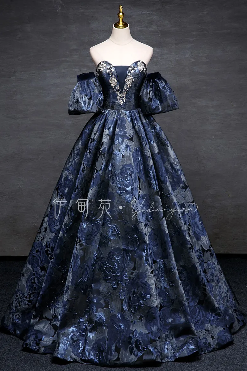 luxury navy flower beading long medieval dress ball gown dress Venice carnival gown Medieval Renaissance