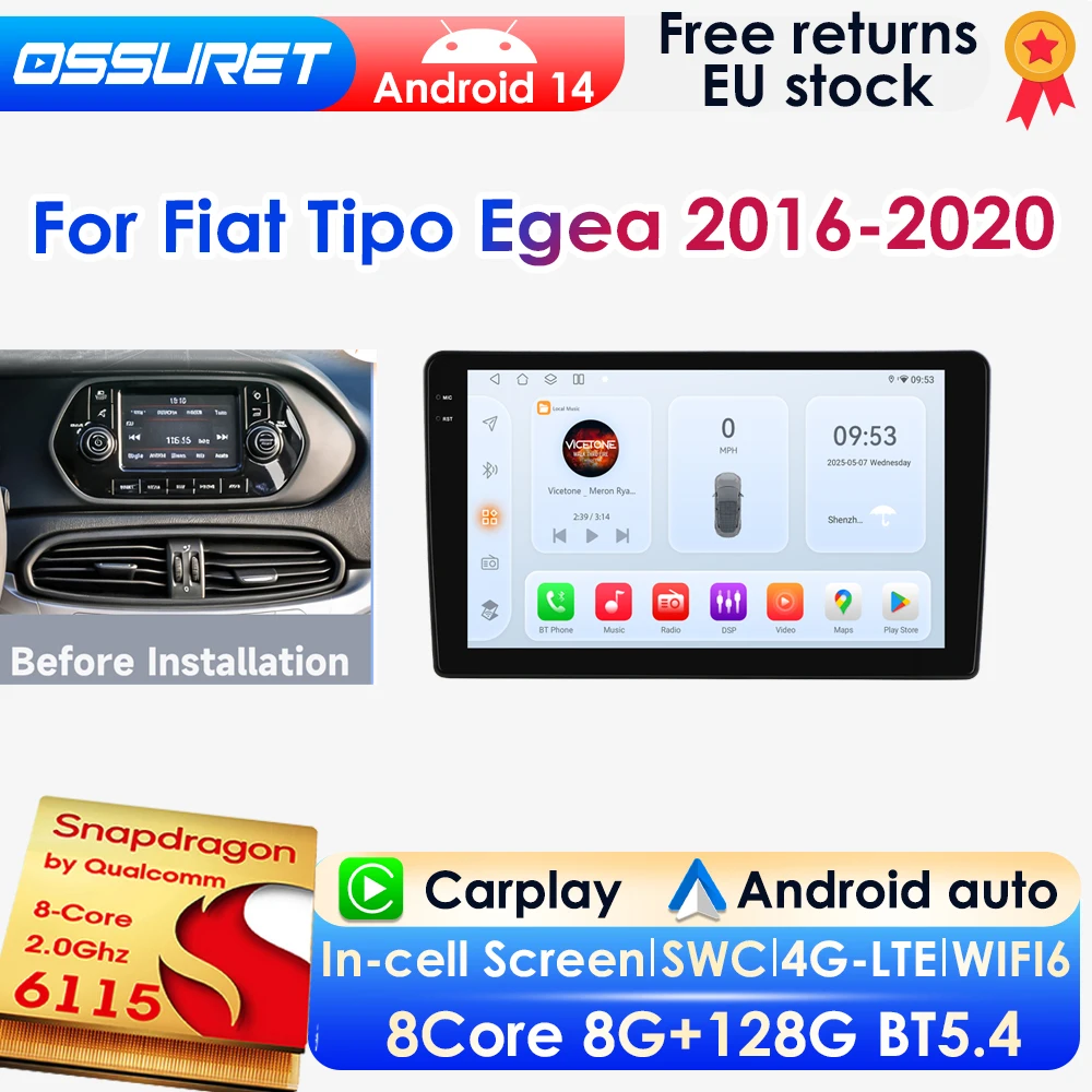 AI Carplay Android 14 Autoradio für Fiat Tipo Egea 2016 - 2020 GPS Multimedia 4G DSP BT 8G 128G 360-Grad-Kamera mit Snapdragon 6115