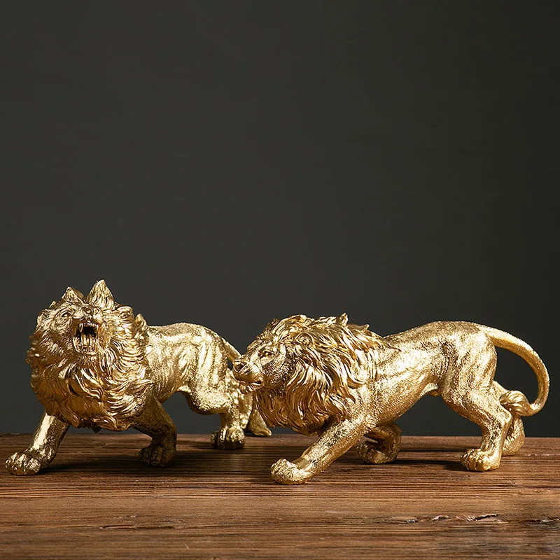 NORTHEUINS Resin Golden The Lion King Figurines for Desktop Luxury Animal Ornaments Home Living Room Office Decor Objects Crafts