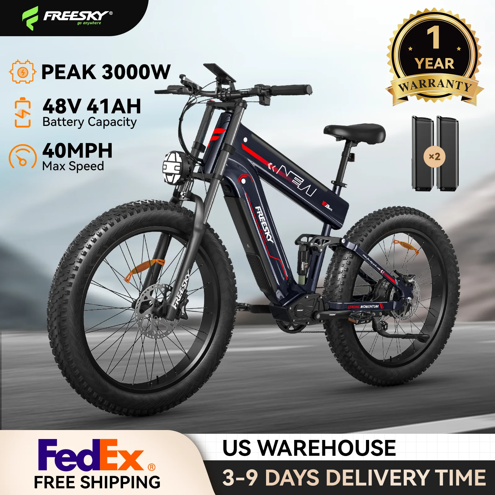 

FREESKY Mountain E-Bike for Adults 3000W Dual Battery 160 Miles 40MPH 26" Fat Tire Full Suspension Hydraulic Brakes UL Certified