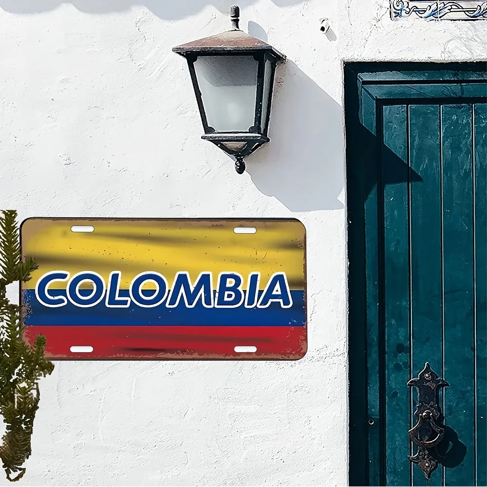Vintage Colombian License Plate Metal Sign -  Rustic Wall Art Decoration, Pre-Drilled for Easy Installation, Durable Aluminum fo