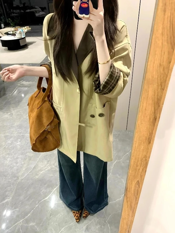 

Korean Sle Mid-Length Coat Jaet Women Casual Collar plus Size Slimming Loose Fit Commute Top Outerwear Coat