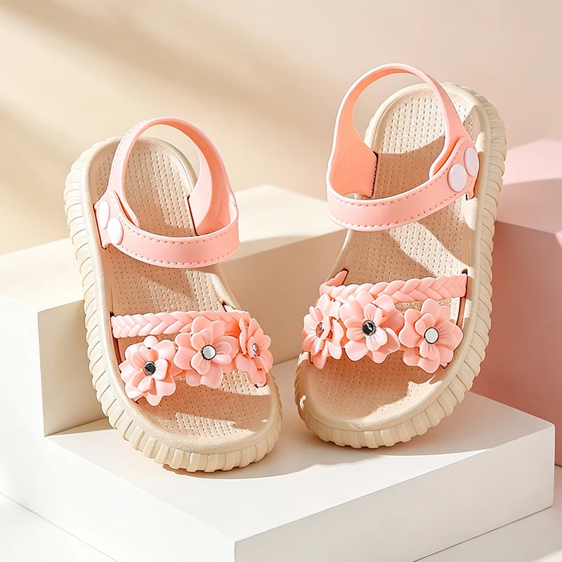 Sweet Princess Girls Sandals with 3D Flower Ornaments, Lightweight Soft Sole Breathable Outdoor Daily Walking Slippers