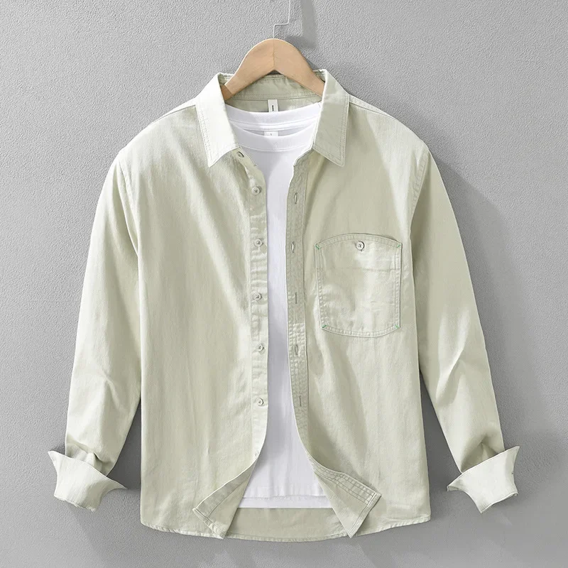 

Japanese Style Men's Shirt Long Sleeve Spring New Mens Green Shirt Comfortable Top Lapel Pocket Pure Cotton Casual Shirts Male