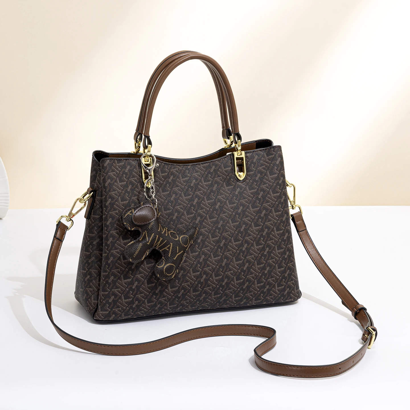 Classic Monogram Print Satchel Bag For Women Multi Compartment Shoulder Purse With Top Handle Trendy Puppy Charm Crossbody Bag