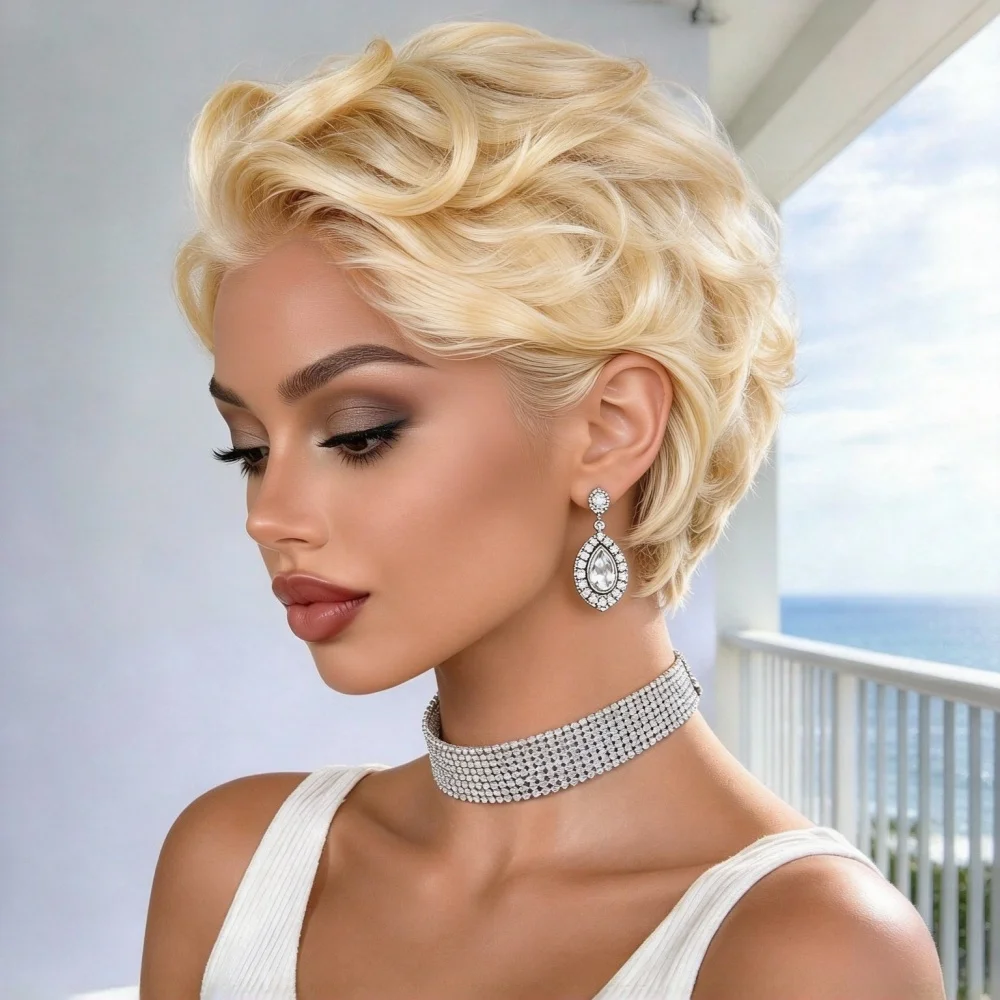 8 Inch Blonde Short Curly Pixie Wig 13x1 Lace Front 200% Density Human Hair Wig