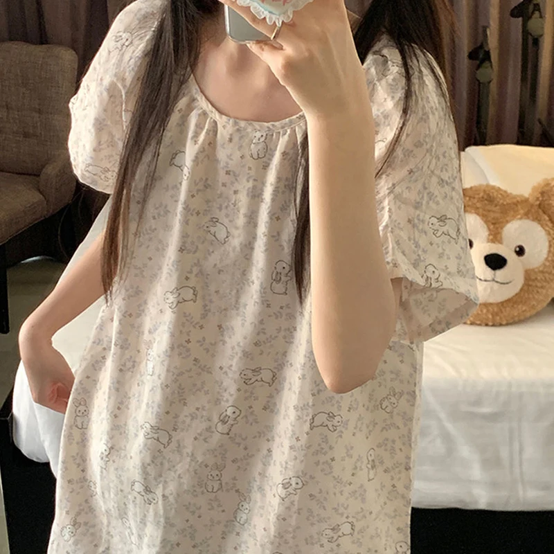 Rubbit Sleepwear Woman Short Sleeves Summer Nightgown Korean Nightwear Night Dress One Piece Pajamas Sleeping Home Wear 2024 New