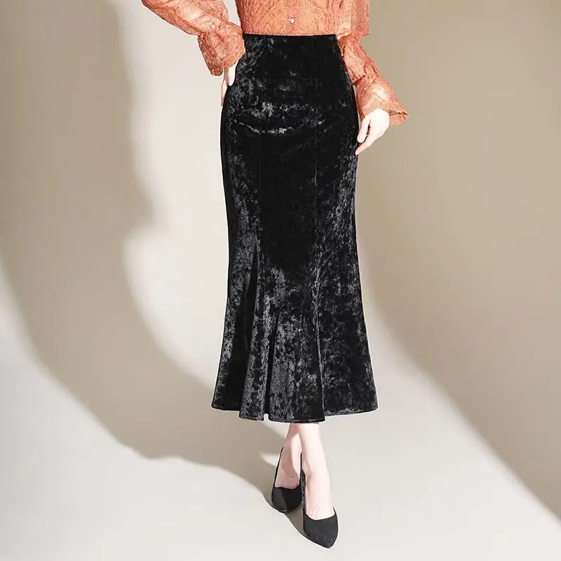 Elegant Black Velvet Long Skirts Women Autumn Winter High Waist Korean Fashion Y2k Clothes Streetwear Office Ladies Midi Skirt