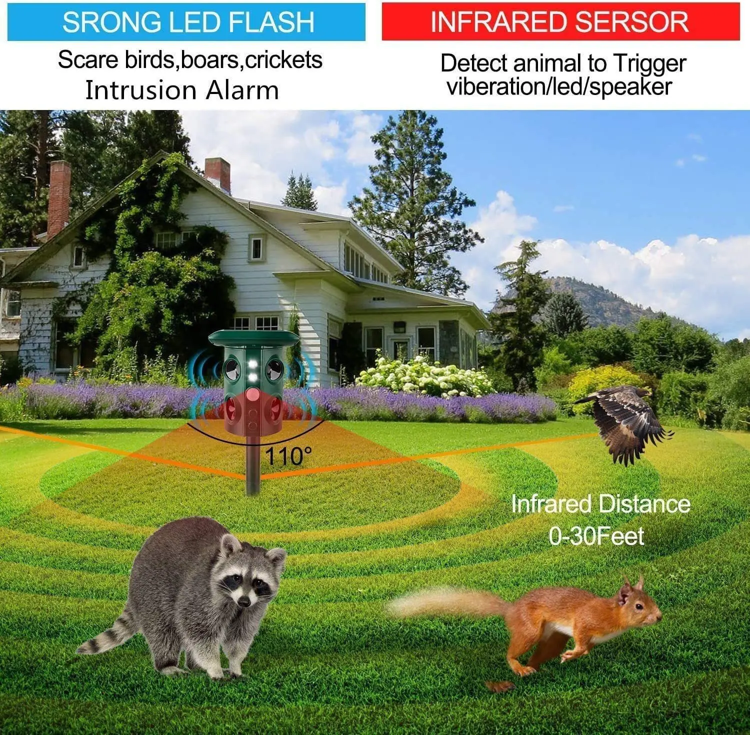 Solar animal repeller, frequency conversion ultrasonic LED flash buzzer drive infrared sensing multi-level adjustment