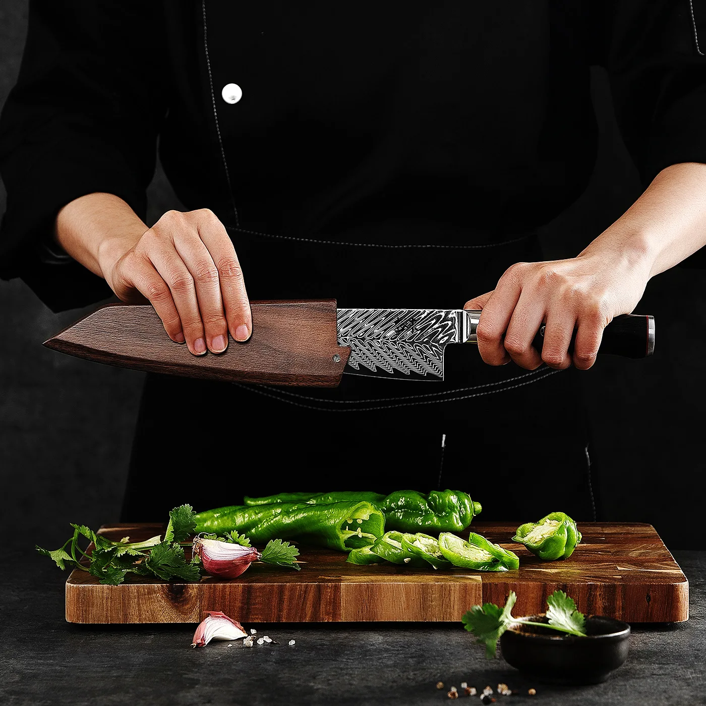 

7 Inch Kiritsuke Knife With Walnut Sheath 73-Layers Damascus Steel 10Cr15CoMov Blade Chef Cleaver Professional Kitchen Knife