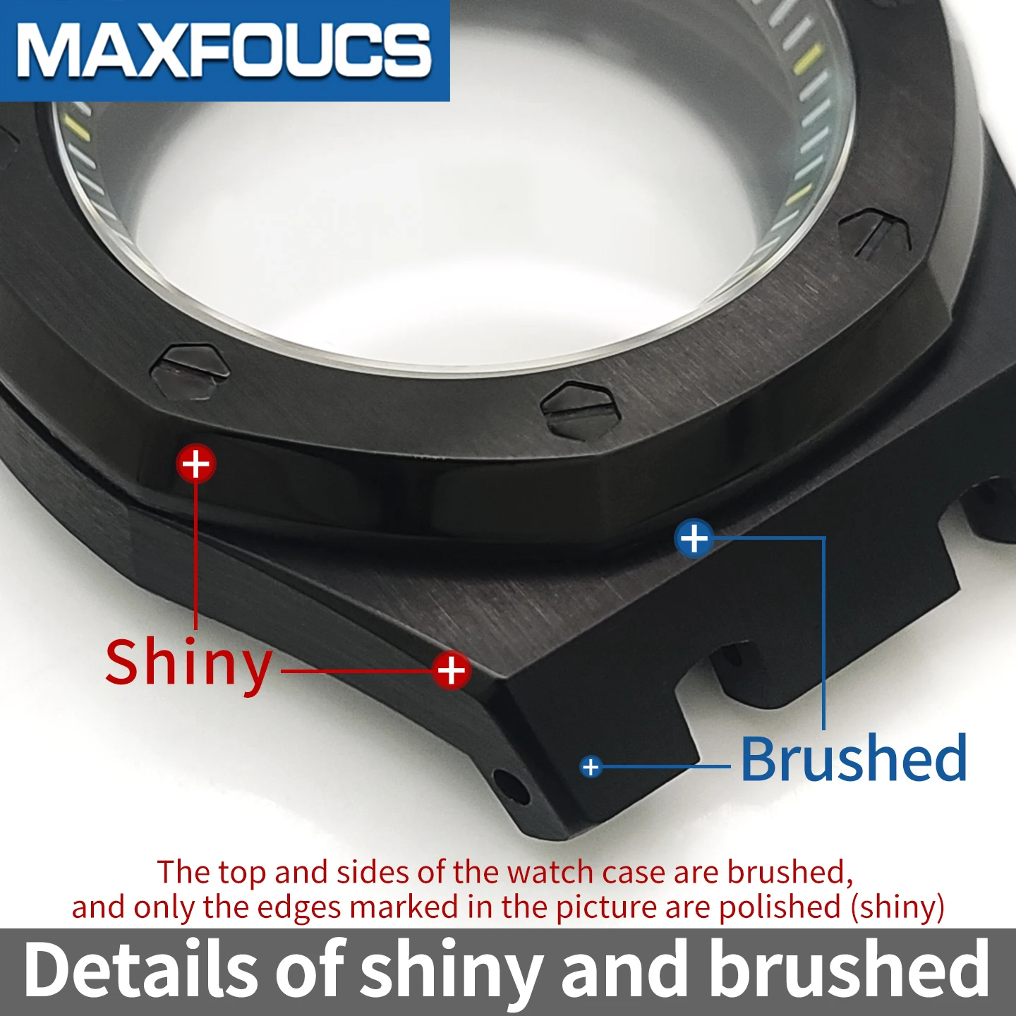 A.P. Stilvolles Uhrengehäuse MOD SKX NH35 NH36 4R36 Schwarze Edelstahlkrone Saphirglas Glänzend/Gebürstet Uhrengehäuse Kundenspezifische Teile – Detail 7