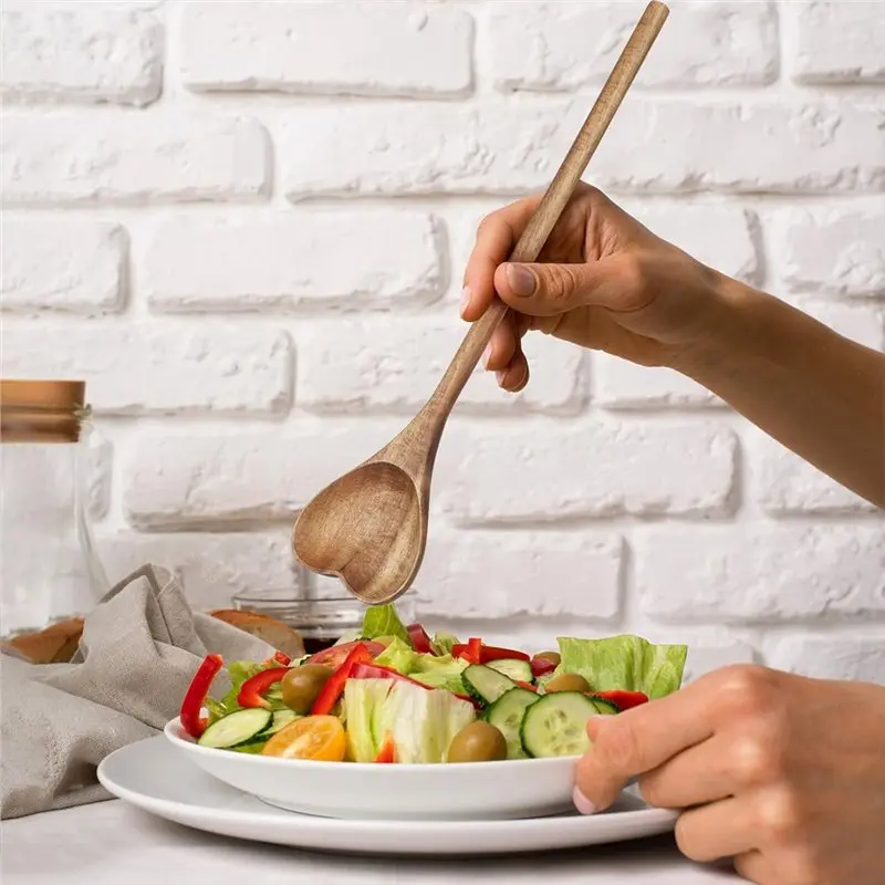 أدوات المطبخ CYCLI للقهوة - ملعقة حب بمقبض طويل من الخشب على شكل قلب (قطعتان)، مثالية للمقبلات والخدمة والخلط