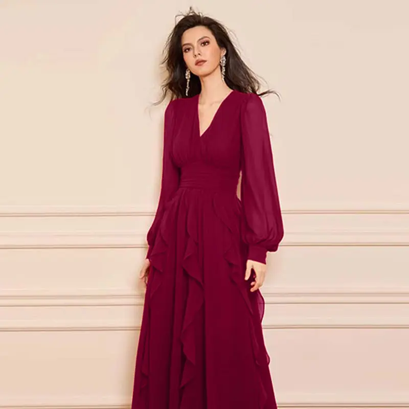 Ele Classic Red Belted Dr مع تصميم كشكش تنورة طويلة ملابس نسائية قابلة للتنفس من ألياف البوليستر #4