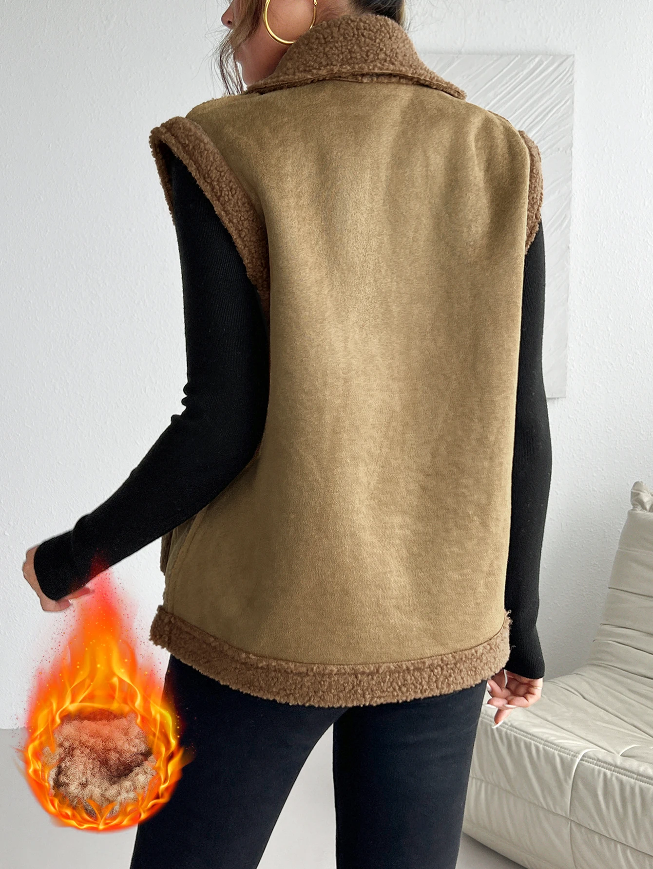 Lamb wool warm vest for women, autumn and winter leather fur vest jacket, loose wool, coffee color, sweetheart style