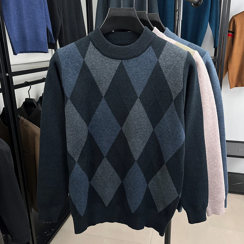 

High end trend men's knitted sweater personalized checkered print Korean style youth casual luxury comfort round neck pullover
