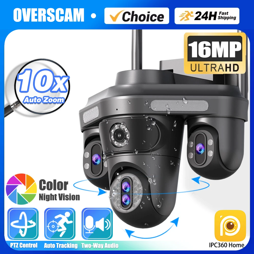 8K 16MP HD Four Lens PTZ 10X PTZ Zoom Camera Outdoor Three Screen WiFi Security 360°Auto Tracking Smart Home Wirelss CCTV Camera