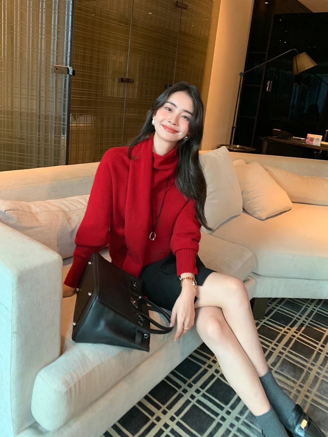 

Женский свитер Maven Lin Premium из 100% шерсти, красный, с длинными рукавами, премиум-класса, в комплекте с шарфом, вязаный, повседневный, свободного кроя