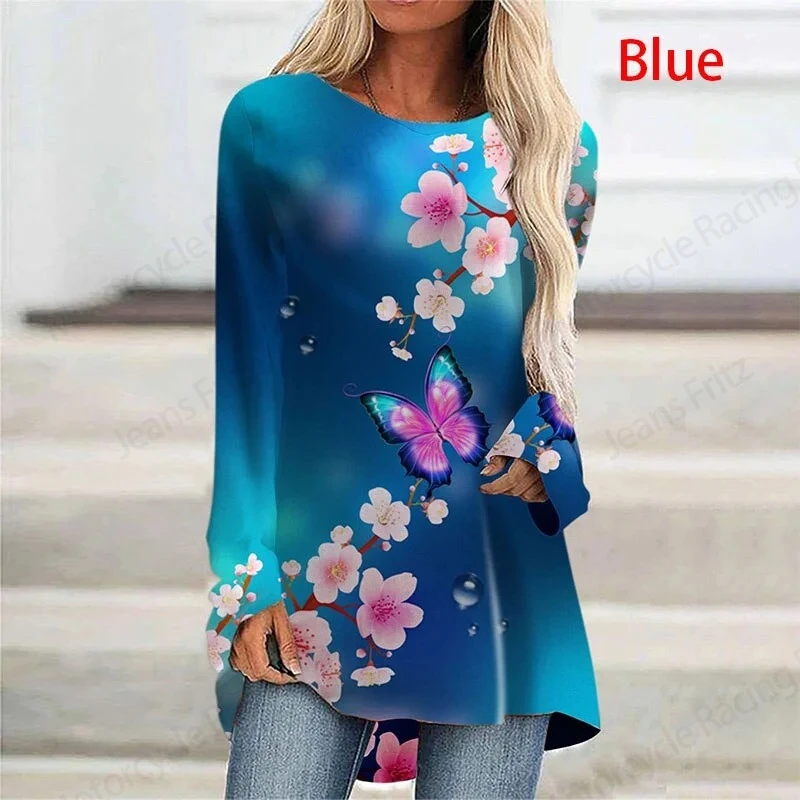 Blue Purple Butterfly 3d Print Long Sleeve T-shirt Women Fashion Crewneck Tunic Tops Women Floral T shirt Breathable Tshirt Lady