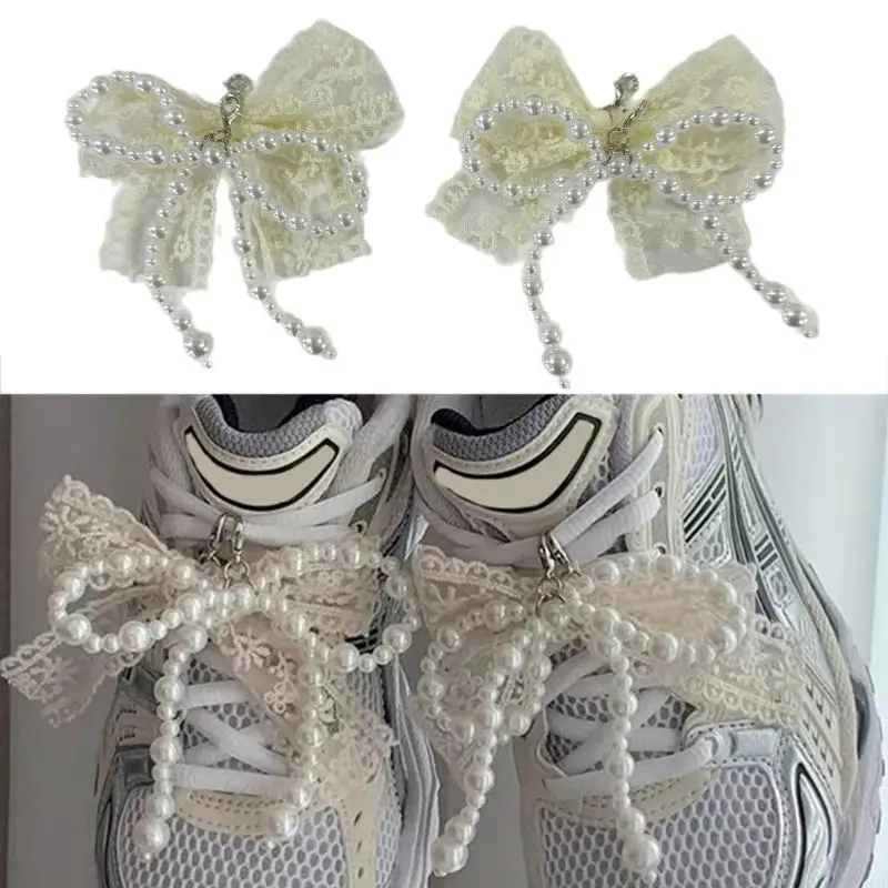 91AF Beautiful Bowknot Charm with Imitation Pearl Lace Shoe Buckle Ornament DIYs Keychain Phone Charm Jewelry Making Supplies