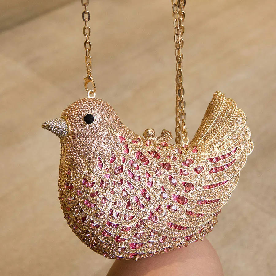 niche design sense bird full diamond clutch bag pink gold contrasting color diamond set chic eye-catching premium bag