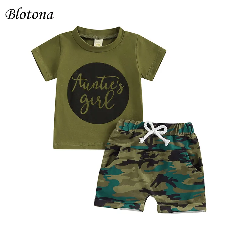 

Blotona Baby Girl 2Pcs Outfits, O-Neck Short Sleeve Letter Print Tops + Elastic Waist Camouflage Shorts Infant Summer Set 0-3Y