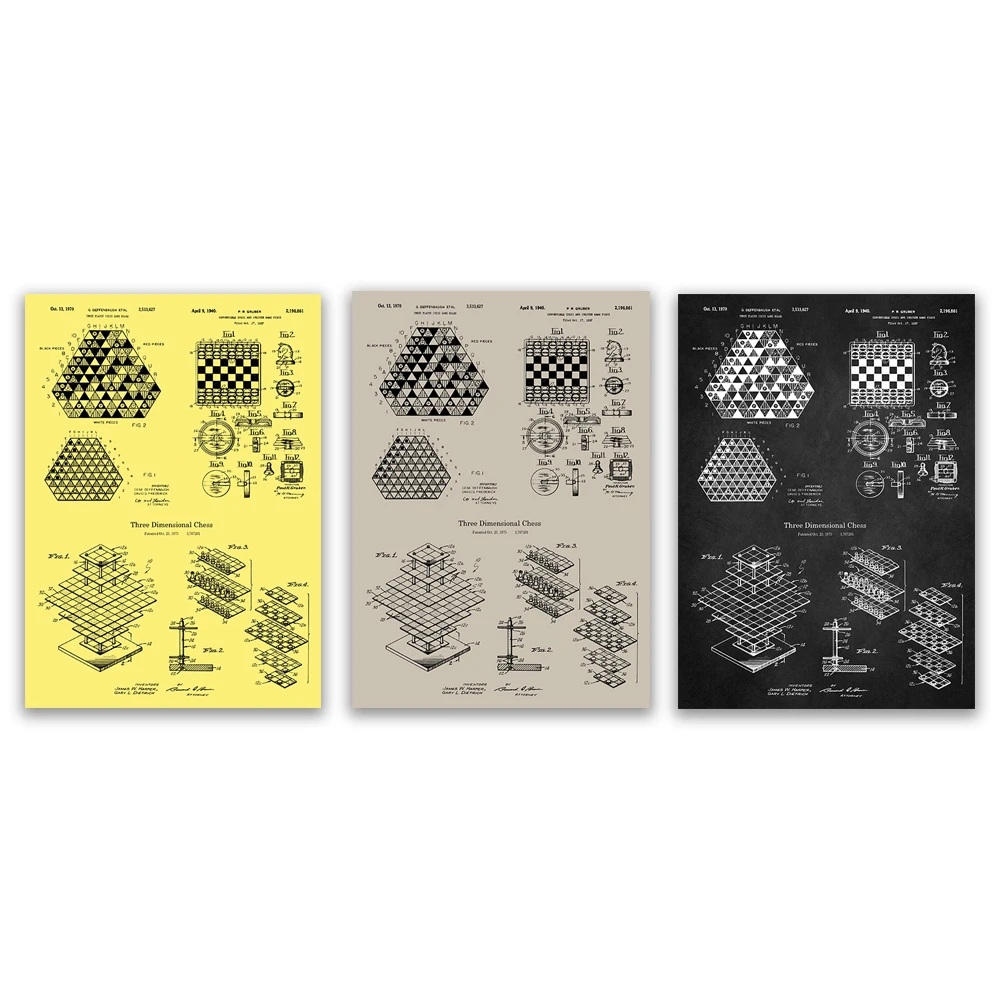 

3 Player Chess, Chessboard Blueprint Poster, U.S. Patent Art, Checkerboard Print, Board Game Room Decor, Board Game Gift