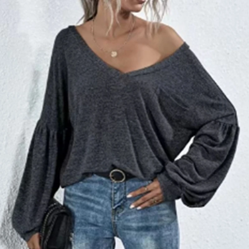 Women's V-neck Solid Color T-shirt Ladies Casual Open Back Pocket Lantern Sleeve Fashion Long Sleeve T-shirt Top
