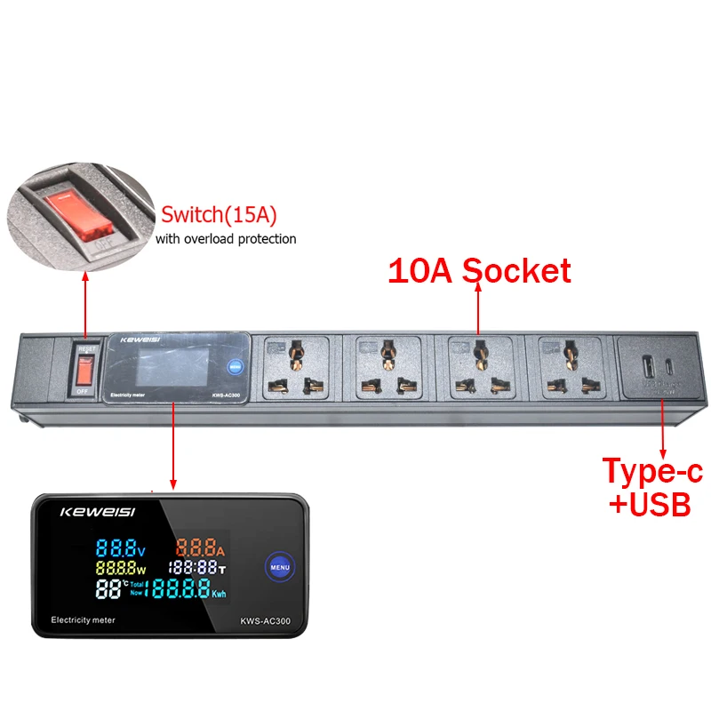 Power Strip Digital Ampermeter โวลต์มิเตอร์แอมป์มิเตอร์พร้อมสวิตช์ 2/3/4/5/6/7/8/9/10 Universal ซ็อกเก็ต USB + Type-C C14 อินเทอร์เฟซ