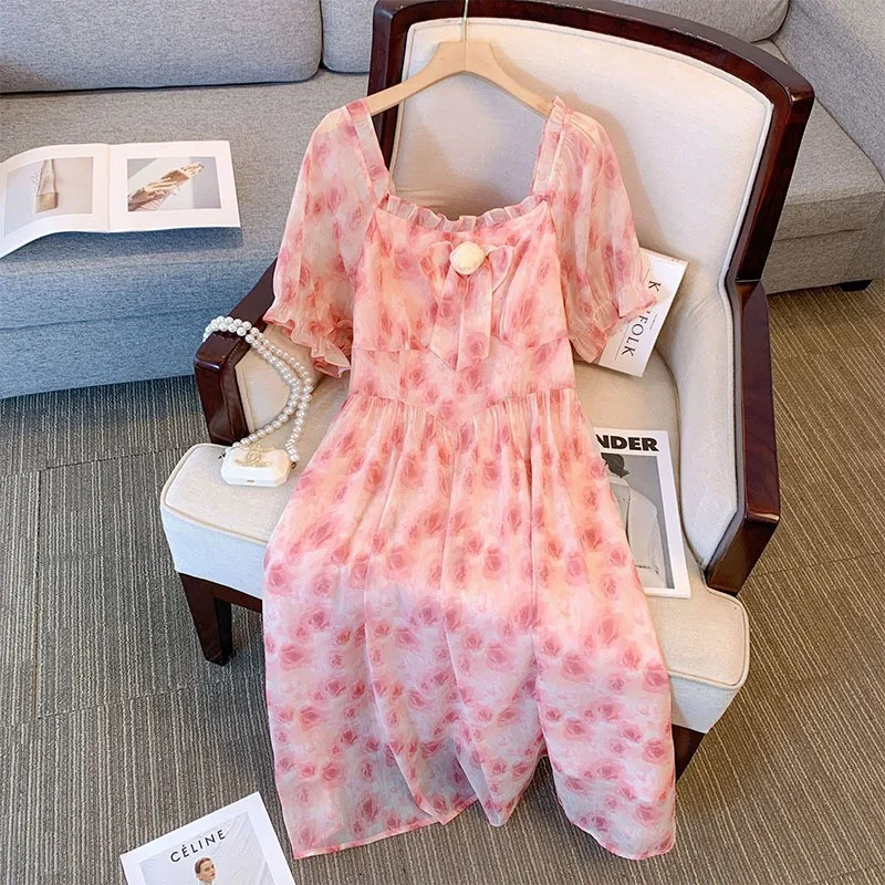 

150Kg Plus Size Women's Bust 148 Summer Loose One Line Neck Bow Flower Dress 4XL 5XL 6XL 7XL 8XL 9XL