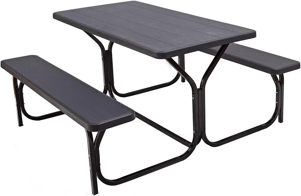 Bench Set Outdoor Camping All Weather Metal Base Wood-Like Texture Backyard Poolside Dining Party Garden Lawn Dec