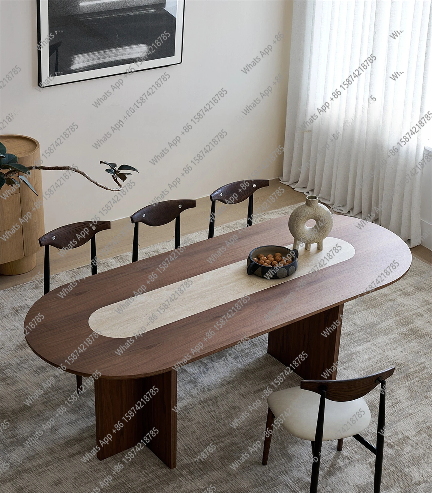 

Medieval style solid wood oval retro designer home walnut color travertine dining table