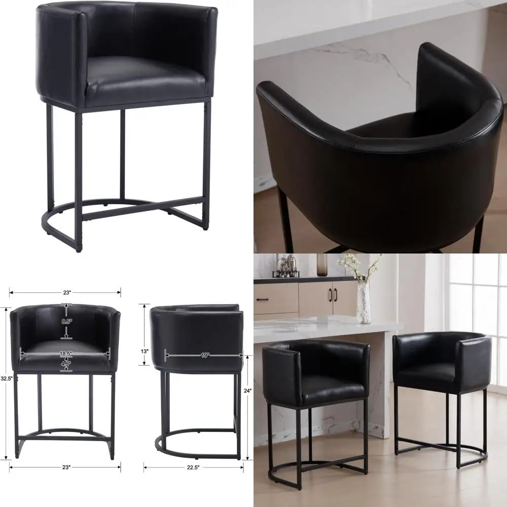 Padded Leather Bar Stools, 24 High Counter Height, Black Metal Frame, Comfortable Kitchen Island Chairs