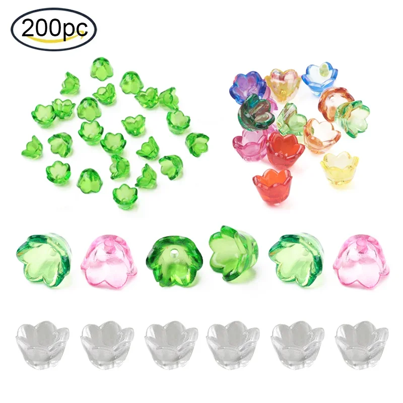 200 cuentas acrílicas transparentes, flor de tulipán, lirio del valle, transparente, alrededor de 10mm de ancho, 6mm de espesor, agujero: 1,5mm