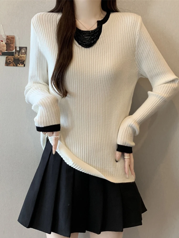 

Новый женский вязаный свитер с V-образным вырезом и длинными рукавами, зимний, в стиле колор-блок, свободного кроя, для повседневной носки