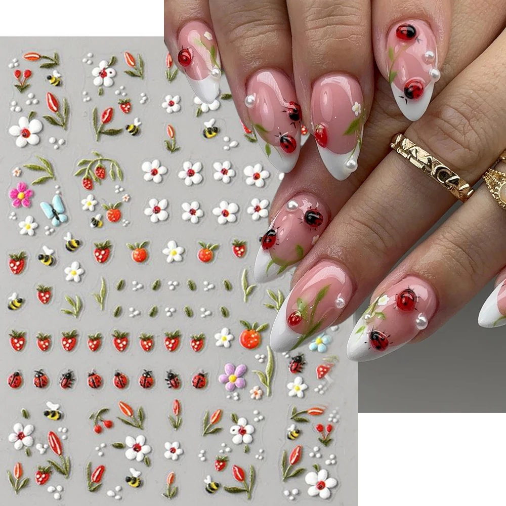 1PCS Cute Ladybug White Daisy Flower Nail Sticker 5D Embossed Tulip Green leaves Strawberry Bee Spring Nail Decals DIY NAIL DECO