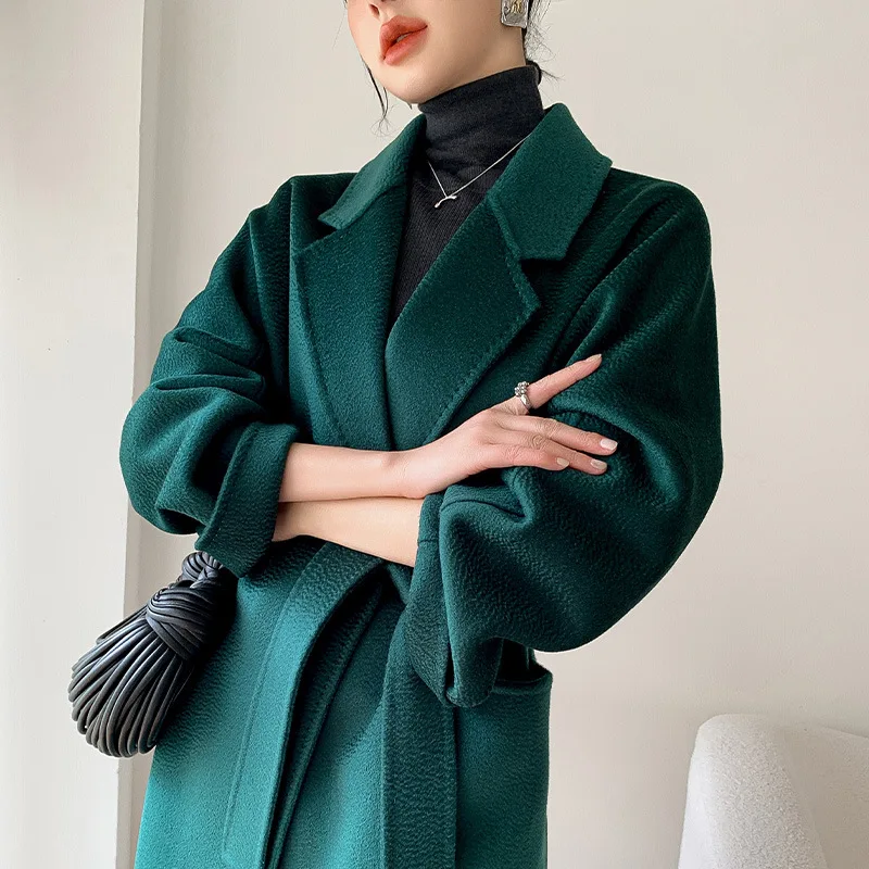 Autumn 100% Wool Coats Women Open Stitch Design Long Coats With Belt Double Face CashmereCoat Femme Tops New