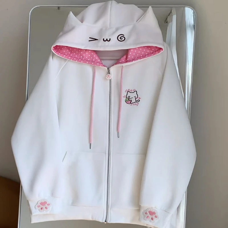 سترة نسائية بغطاء للرأس على الطراز الياباني من Deeptown سترة بقلنسوة برسوم كارتونية حلوة هاراجوكو سترة سميكة من Cutecore كبيرة الحجم بسحاب