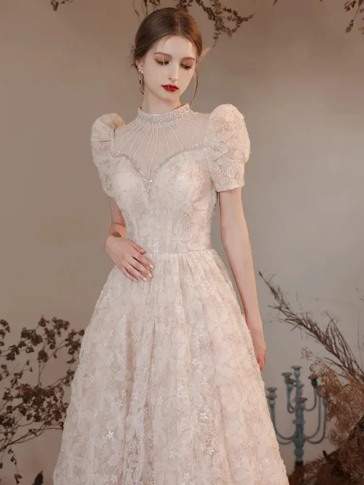 Woman  Luxury Diamond Evening Party Wedding Dress Elegant puff Sleeve Dresses Prom Gown Formal Occasion  فساتين للمناسبات الخاصة