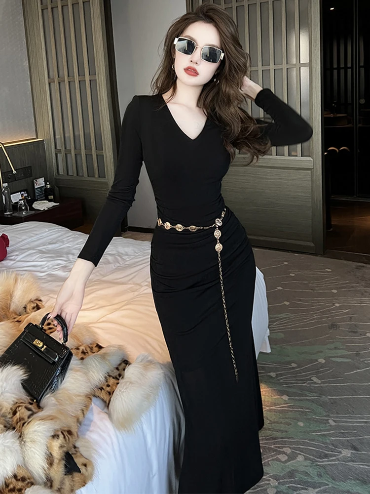 

High Quality Spring Autumn Women Evening Dress Casual V-Neck Skinny Slim Midi Dresses Party Fishtail Robe Stretchy Mujer Vestido