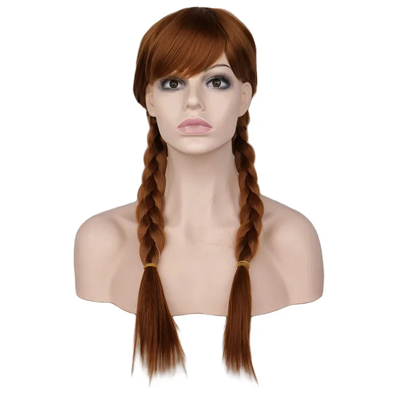 QQXCAIW Women Long Brown Princess Braid Cosplay Wig Anna Party Costume Girls High Temperature Fiber Synthetic Hair Wigs